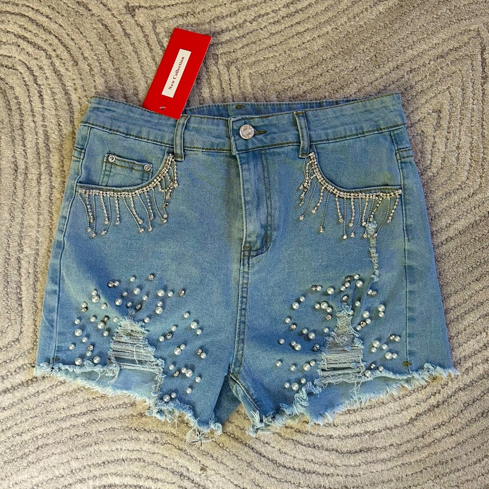 NWT - Denim Shorts with Rhinestones & Pearls